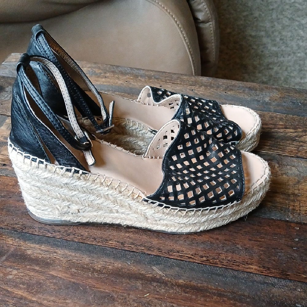 Franco Sarto Black Cutout Espadrille Wedges